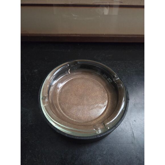 Vintage 6.25" Glass & Black Leather Wrapped Ashtray Gold Stripe Mid Century - Picture 4 of 6